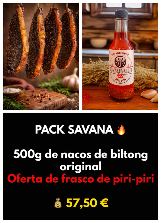 Pack Savana KAMBAKO | 500g Biltong Original + Piri-Piri — Poupa €15