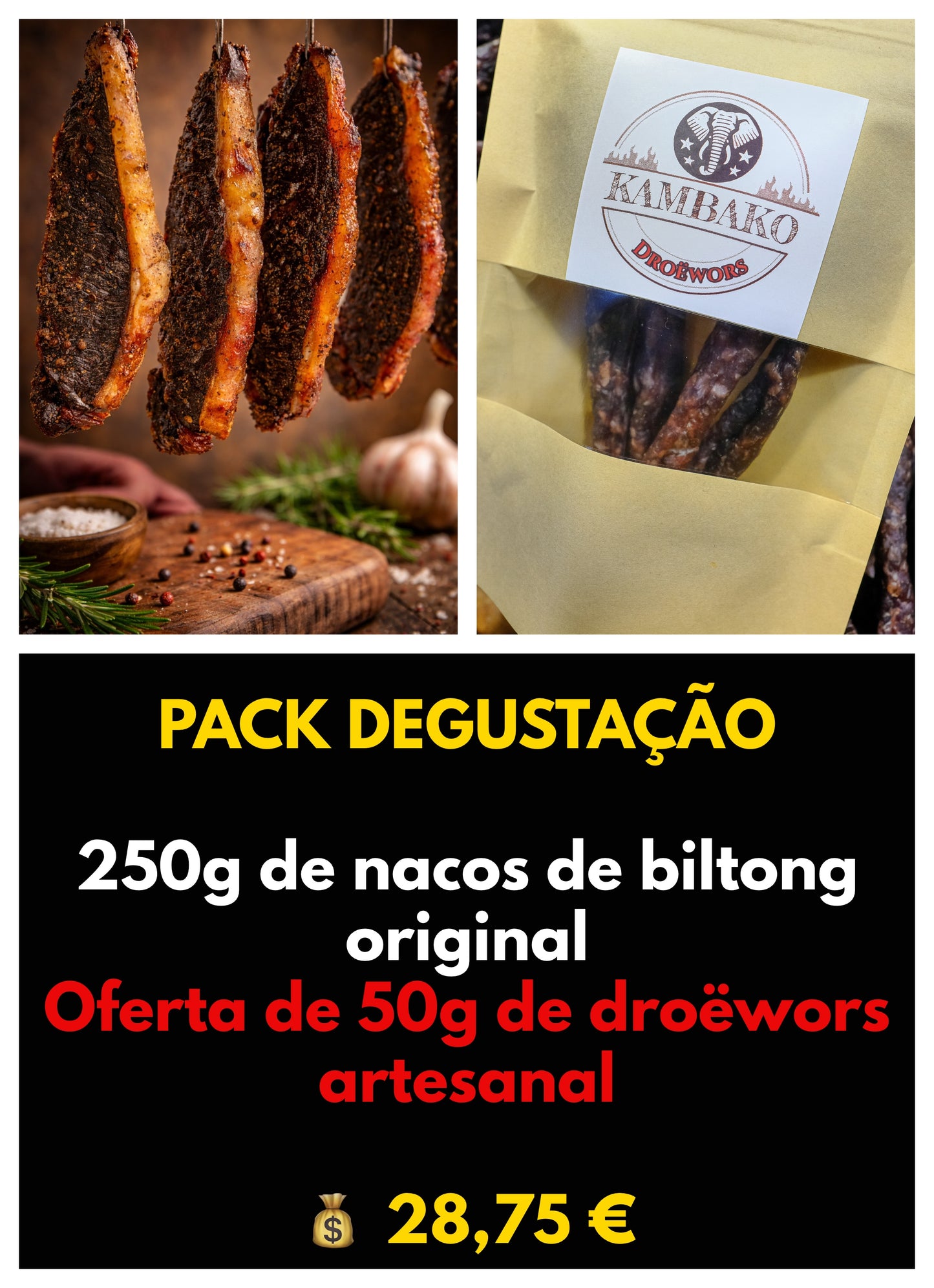 Pack Degustação KAMBAKO | 250g Biltong + 50g Droëwors — Poupa €5,75
